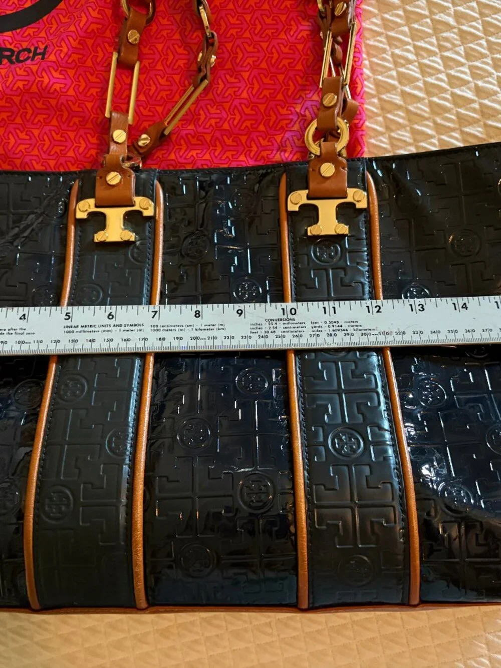 Tory Burch Navy & Tan Shoulder Bag (Gold Metal Trim)